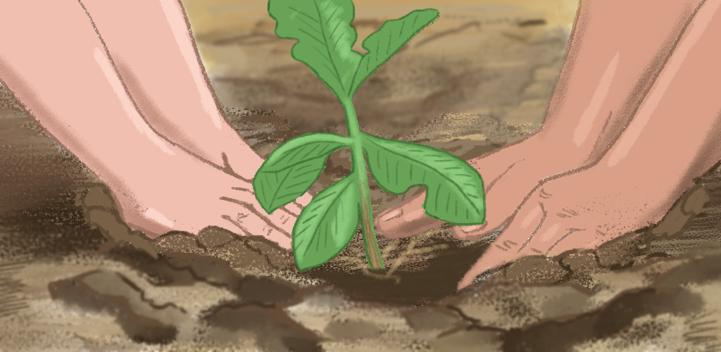 Illustration of two people putting a plant into the soil.