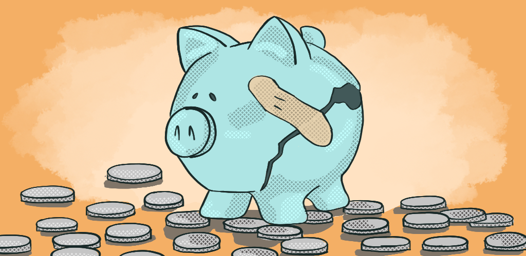 Illustration of a cracked piggy bank with a bandage. Coins are scattered around the piggy bank.