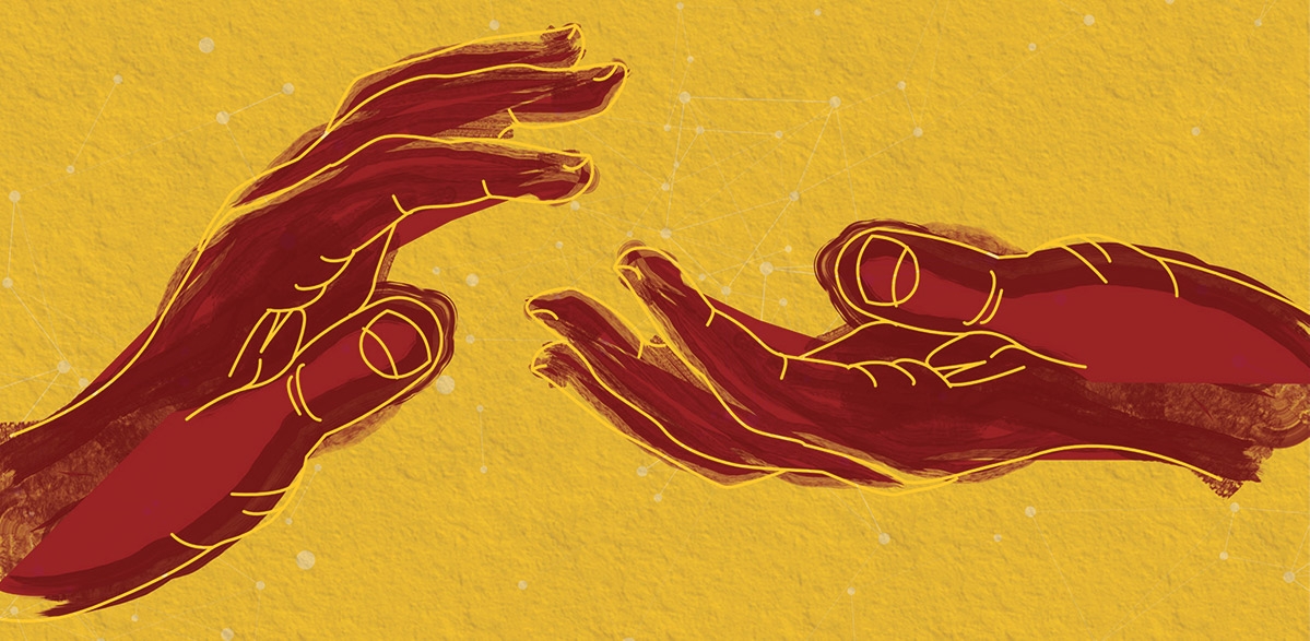 Illustration of two hands reaching for the other