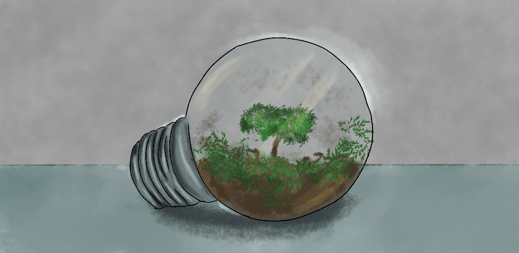 Illustration of a tree and ecosystem inside the bulb of a lightbulb