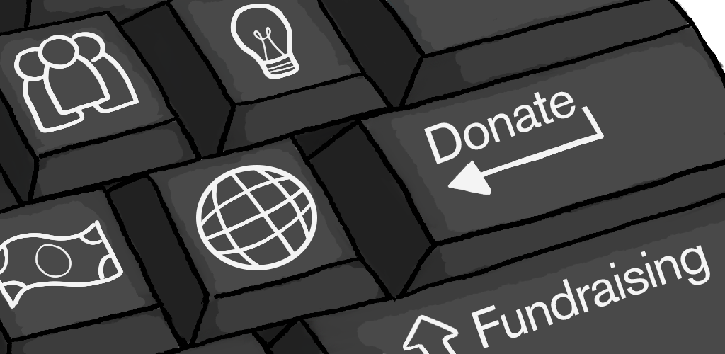 Illustration of a computer keyboard. Each key shown has a different image and/or text: people, a lightbulb, paper money, a sphere, "Donate", and "Fundraising".