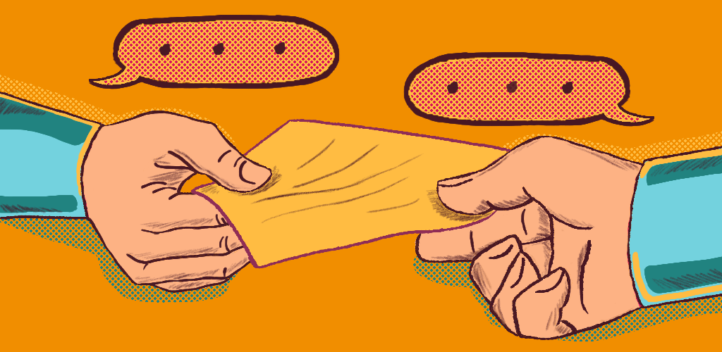 Illustration of two hands pulling on a piece of paper. There is a dialogue bubble over each hand.
