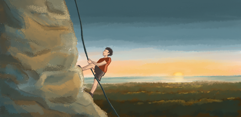 Illustration of a climber using a rope to go up a rock incline. A sunrise above a body of water appears in the background.