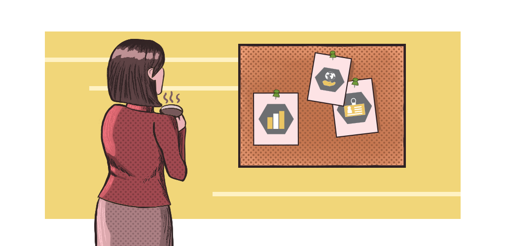 Illustration of a person looking at a board filled with notes.