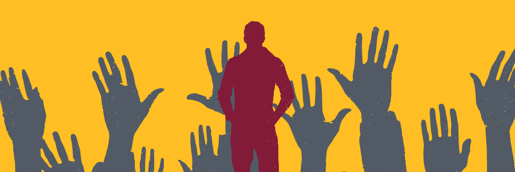 Illustration of a person standing in front of raised hands.