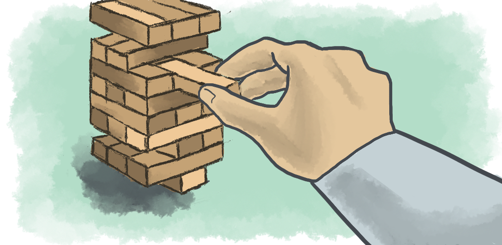 Illustration of a hand pulling a Jenga piece out of a Jenga tower