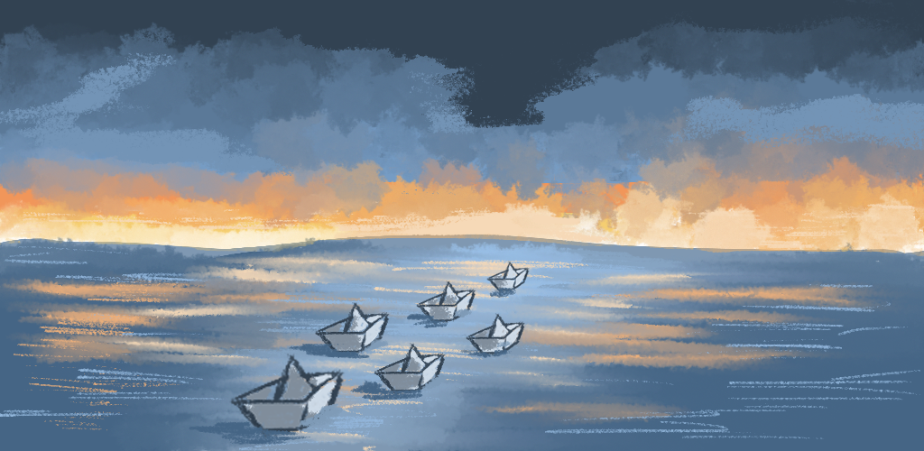 Illustration of paper boats floating in the ocean