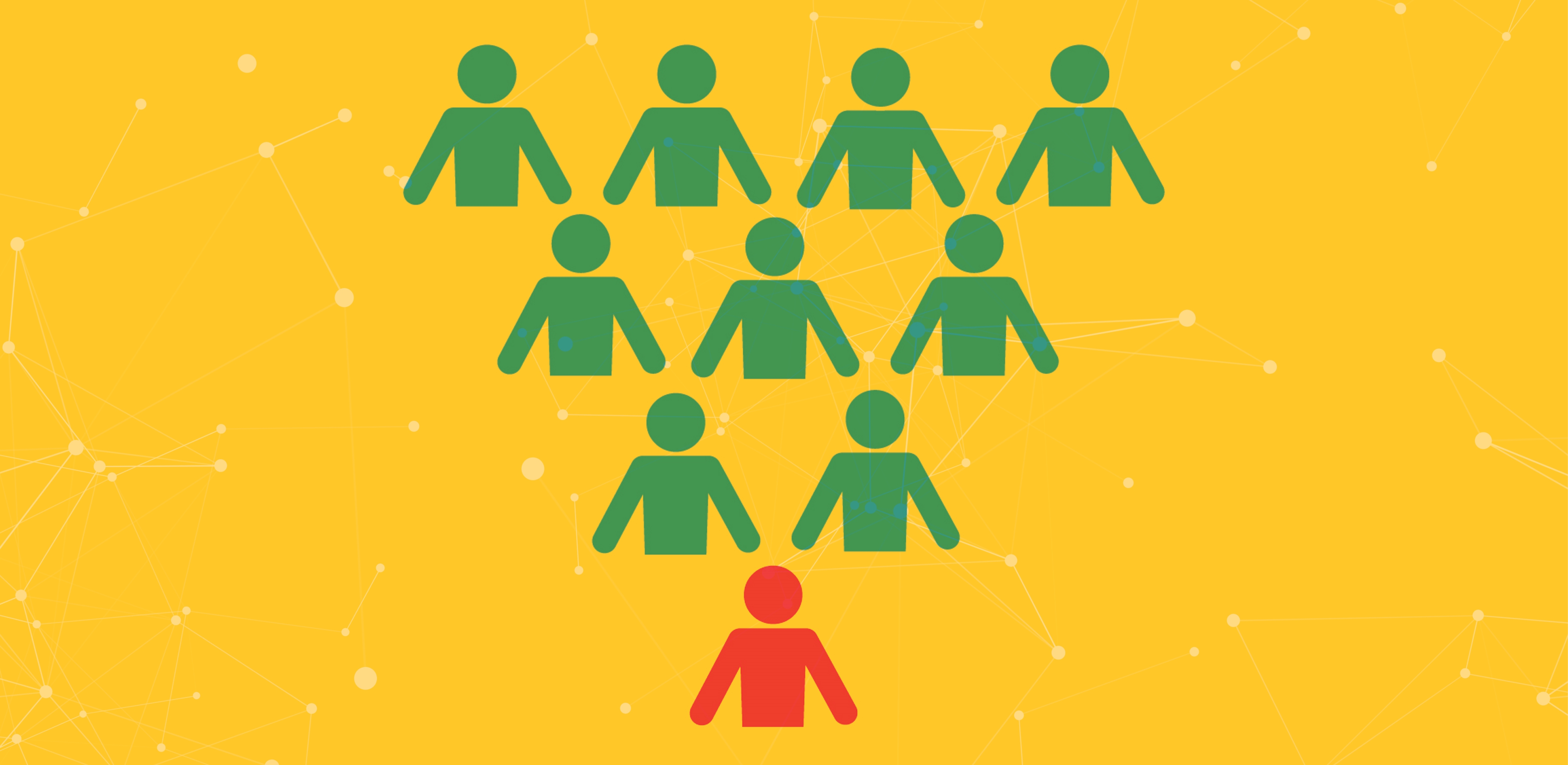 Illustration of people arranged in a triangle pointed downwards. The person at the point is colored orange and others are green.
