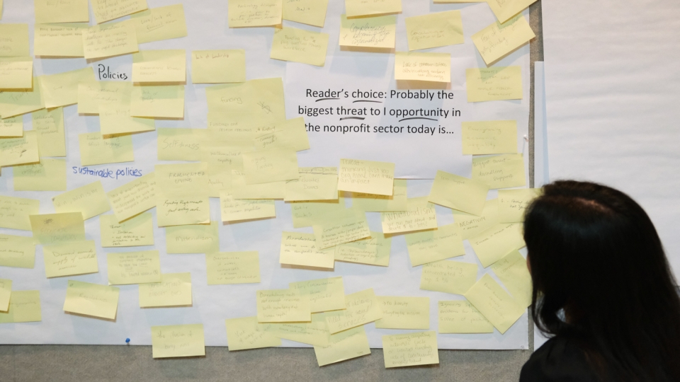 A person looks at a large white paper on a wall, filled with yellow post-it notes. On the white paper, is written "Reader's choice: Probably the biggest threat to | opportunity in the nonprofit sector today is...".