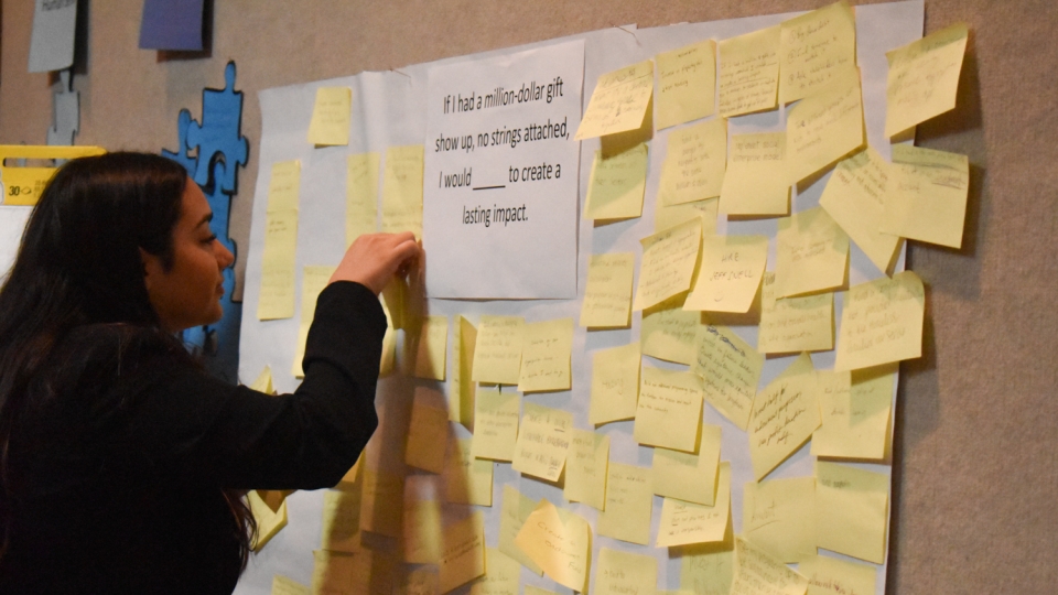 A person puts a yellow post-it note on a wall, next to several other post-it notes. The wall has a large white paper with the words "If I had a million dollars show up, no strings attached, I would (blank) to create a lasting impact."