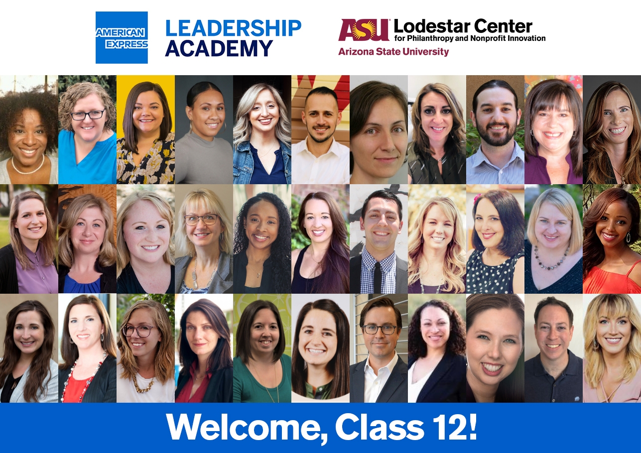33 individual photos of  American Express Leadership AcademyClass 12 are placed in a grid. Above the grid are the logos for American Express Leadership Academy and ASU Lodestar Center. Below is written "Welcome, Class 12!".
