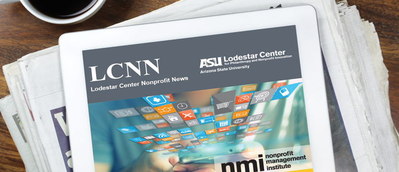 Tablet displaying ASU Lodestar Center newsletter.