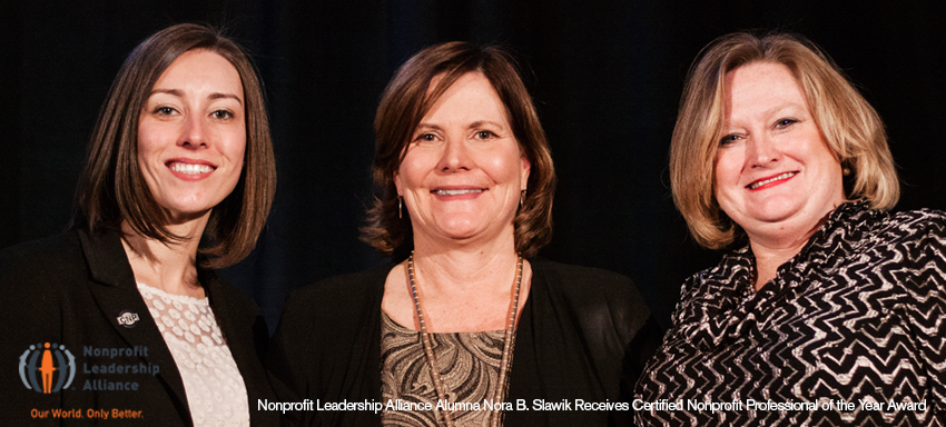 A photo of business people. From left and right, Danielle Contreras, Nonprofit Leader Alliance Alumna Nora B. Slawik and Susan T. Schmidt.