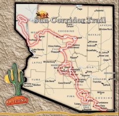 An illustration of Arizona state with the Corridor Trail marked in red. In the bottom left corner is a saguaro cactus.
