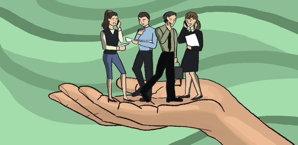 Illustration of businesspeople standing on top of a large hand.
