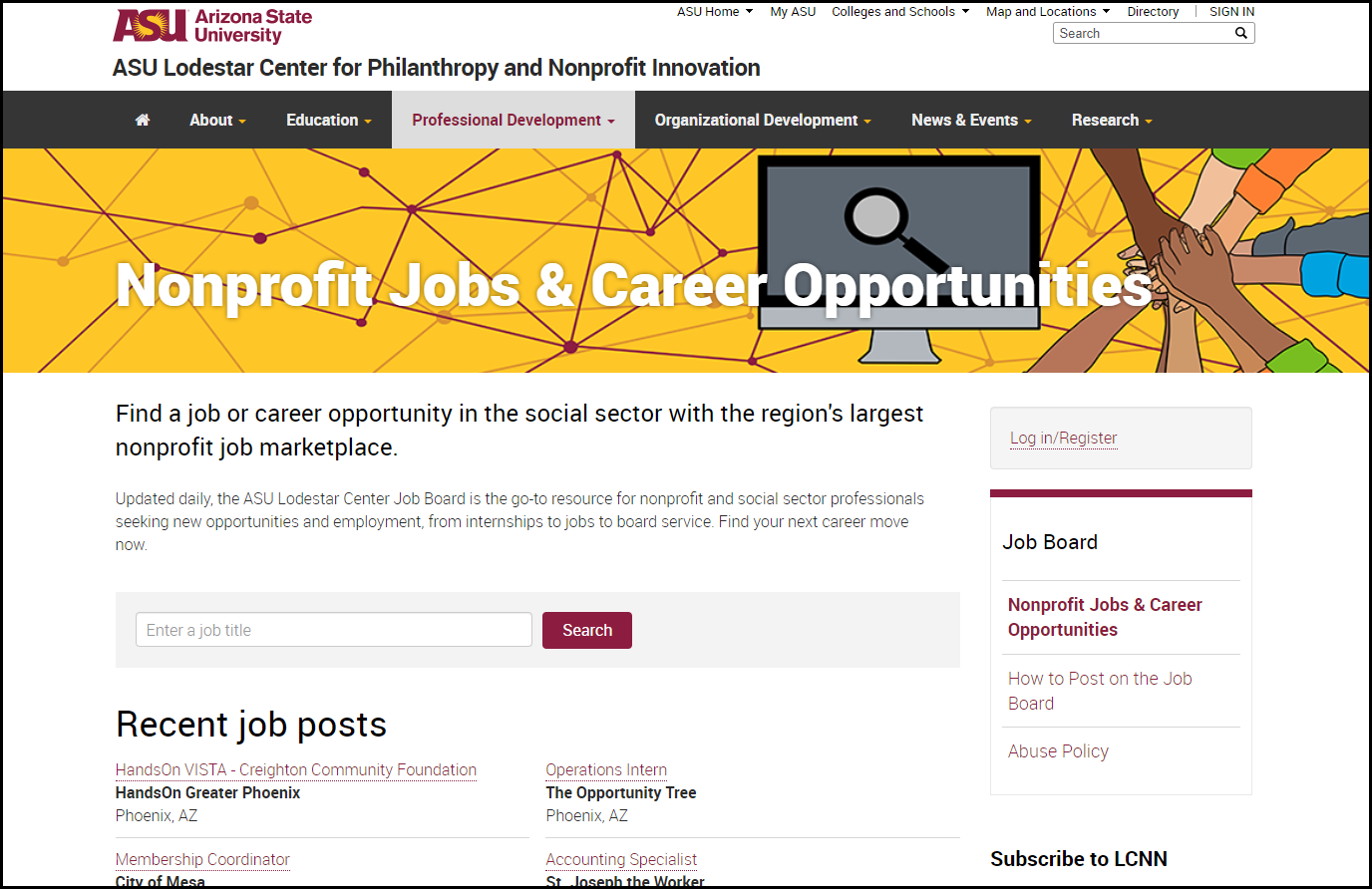 A screenshot of the ASU Lodestar Center's Nonprofit Job Board website.