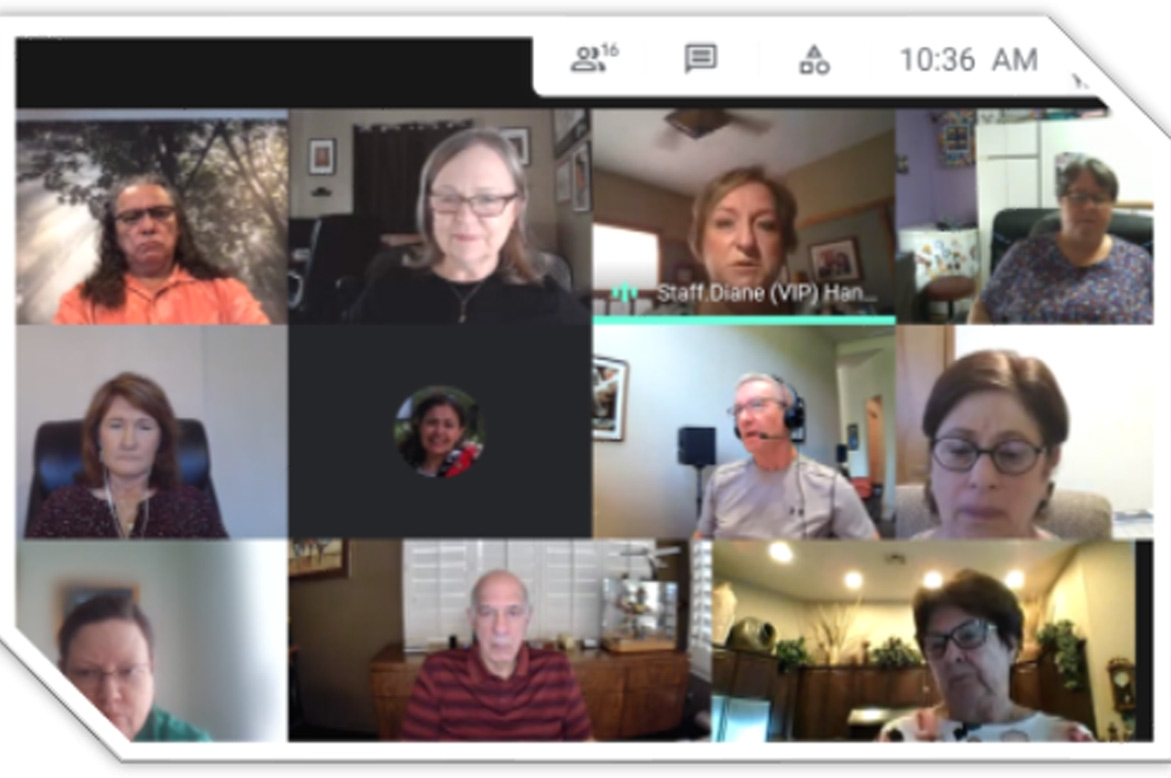 A photo of a virtual online conference with 11 people.