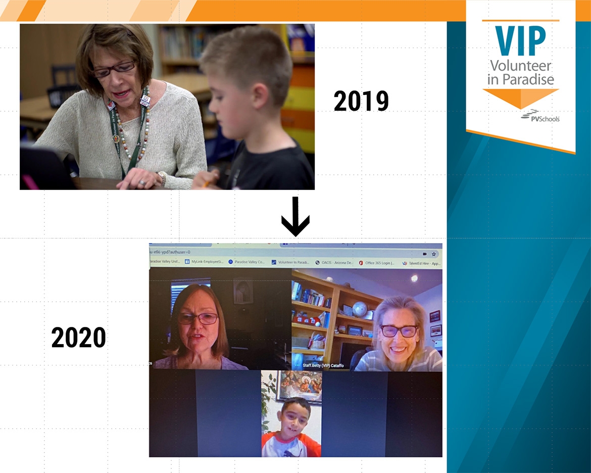 A photo of an adult teaching a child has the number 2019 next to it. This image is followed by an arrow pointing to a photo of a virtual Zoom conference (2 instructors, 1 child) and the number 2020. To the right is the logo for Volunteer in Paradise organization.