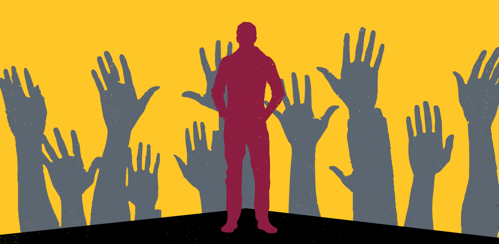 An illustration of a person with raised hands in the background.
