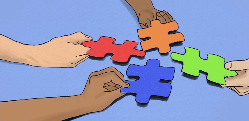 Illustration of four hands bringing puzzle pieces together