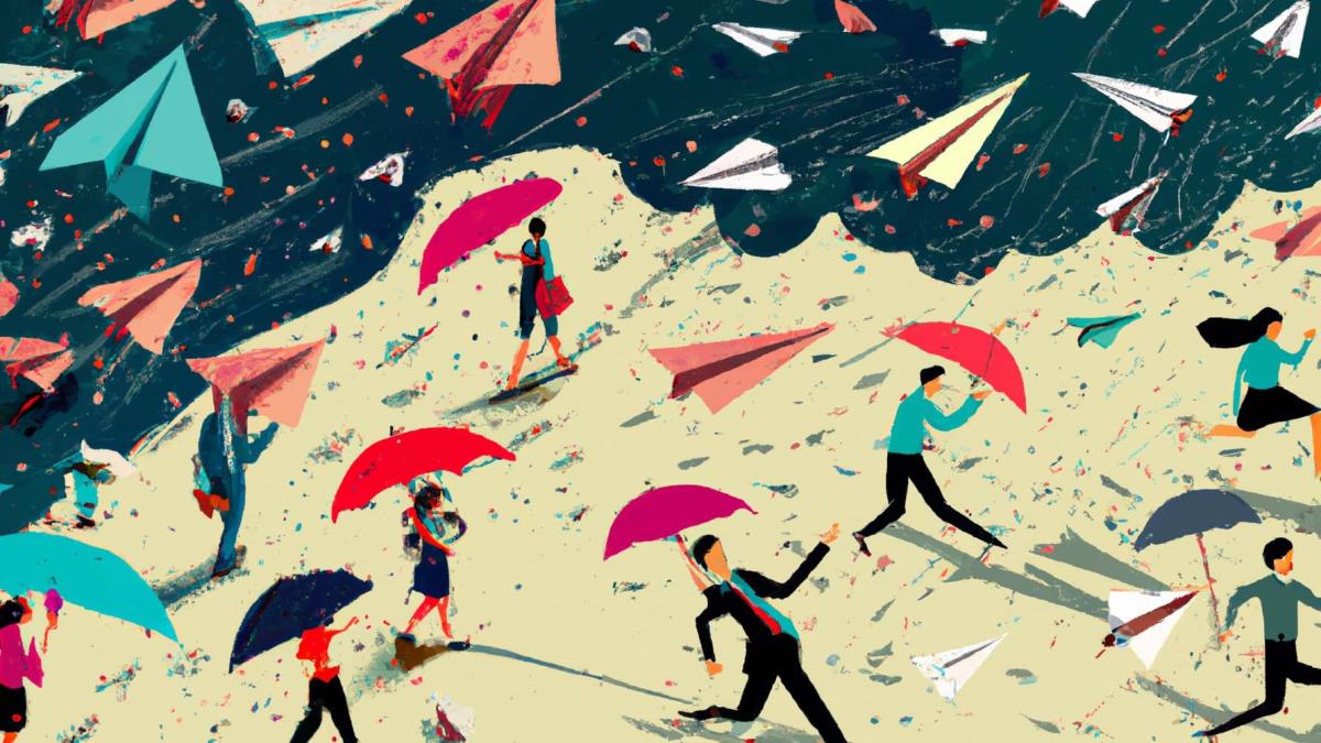 Illustration of young people holding umbrellas in a windy storm of paper airplanes.