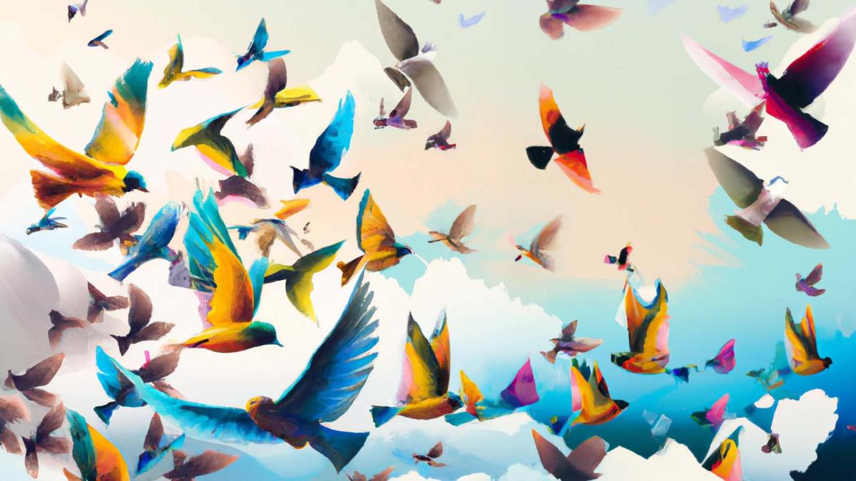 Birds of different colors flying