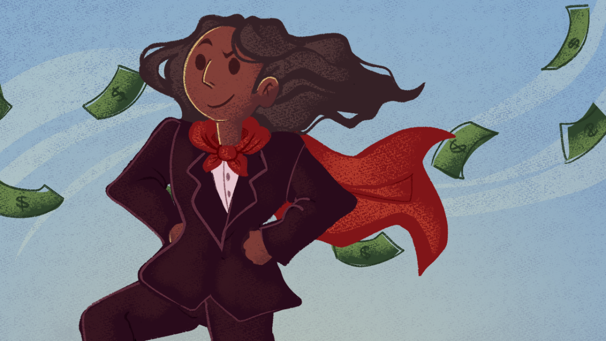 person wearing suit and cape with money flying around