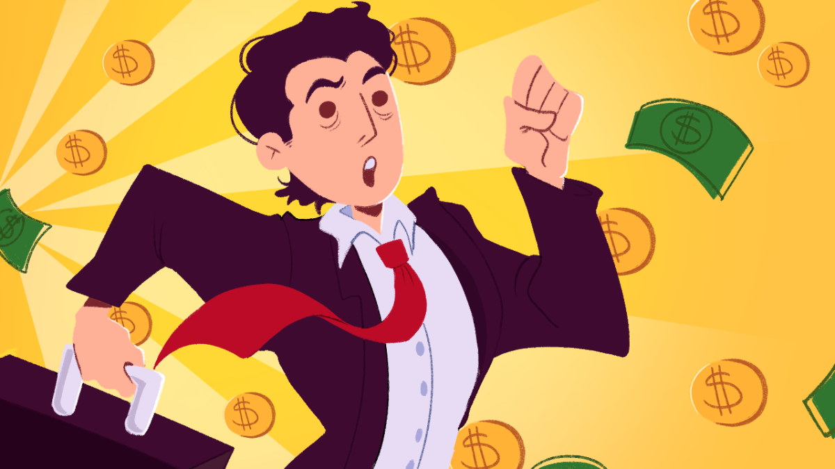illustration of man in a suit with a briefcase running while coins and dollar bills surround him