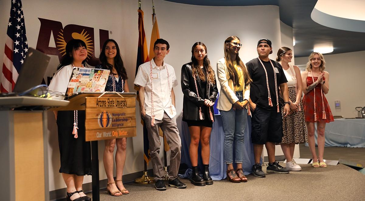 The graduating seniors of the ASU NLASA stand on stage during the Senior Celebration in Phoenix on April 25, 2022.