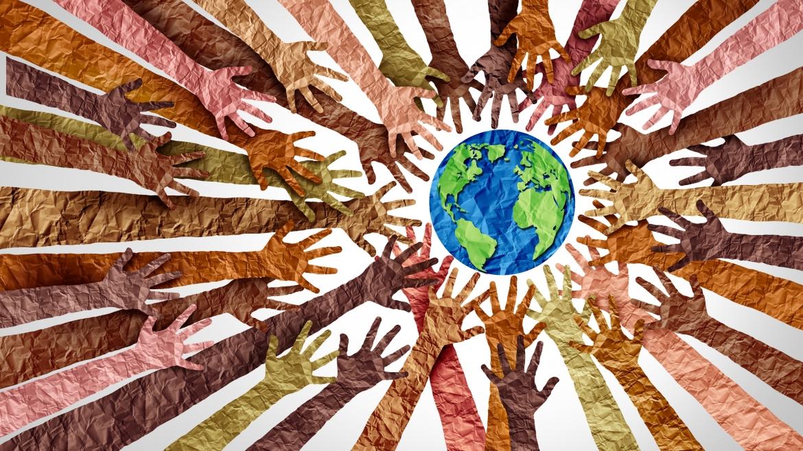 Illustration of the planet earth and many hands reaching for it.